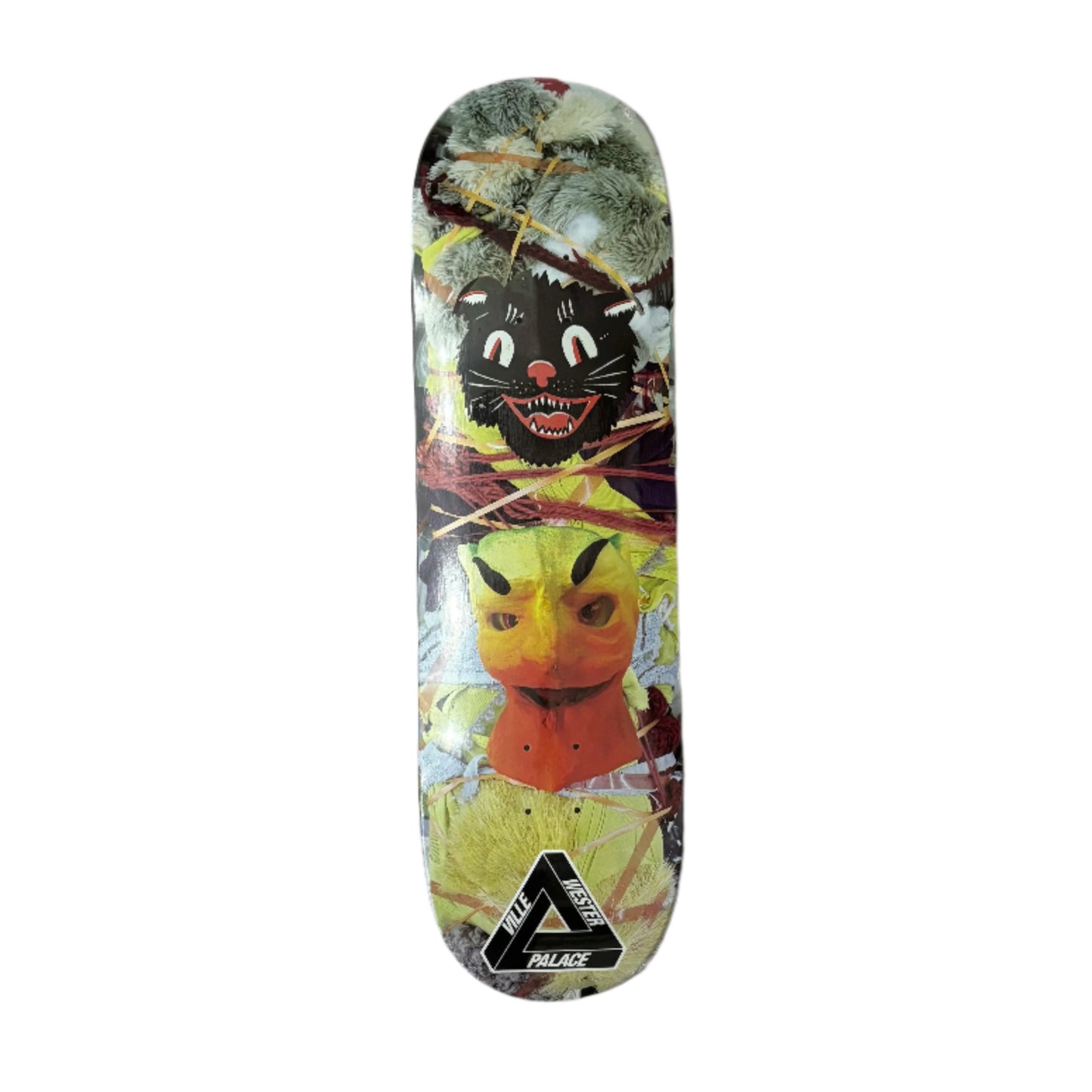 Skateboard deck with colorful design on a white surface