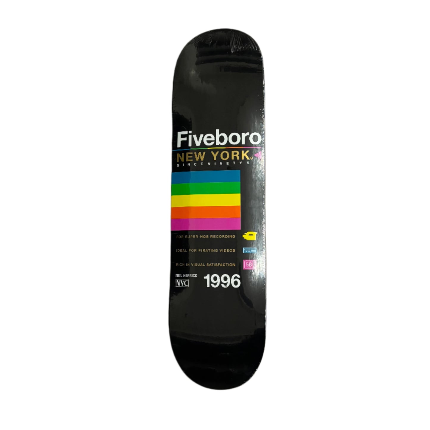 black and multi color Skateboard deck with 'Fiveboro New York'  VHS style branding on a white surface.