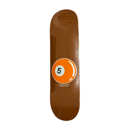 Skateboard deck with a brown background and number 5 logo on a white surface.
