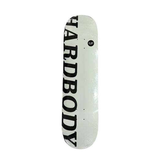 white Skateboard deck with 'Hardbody' branding in black type on a white surface