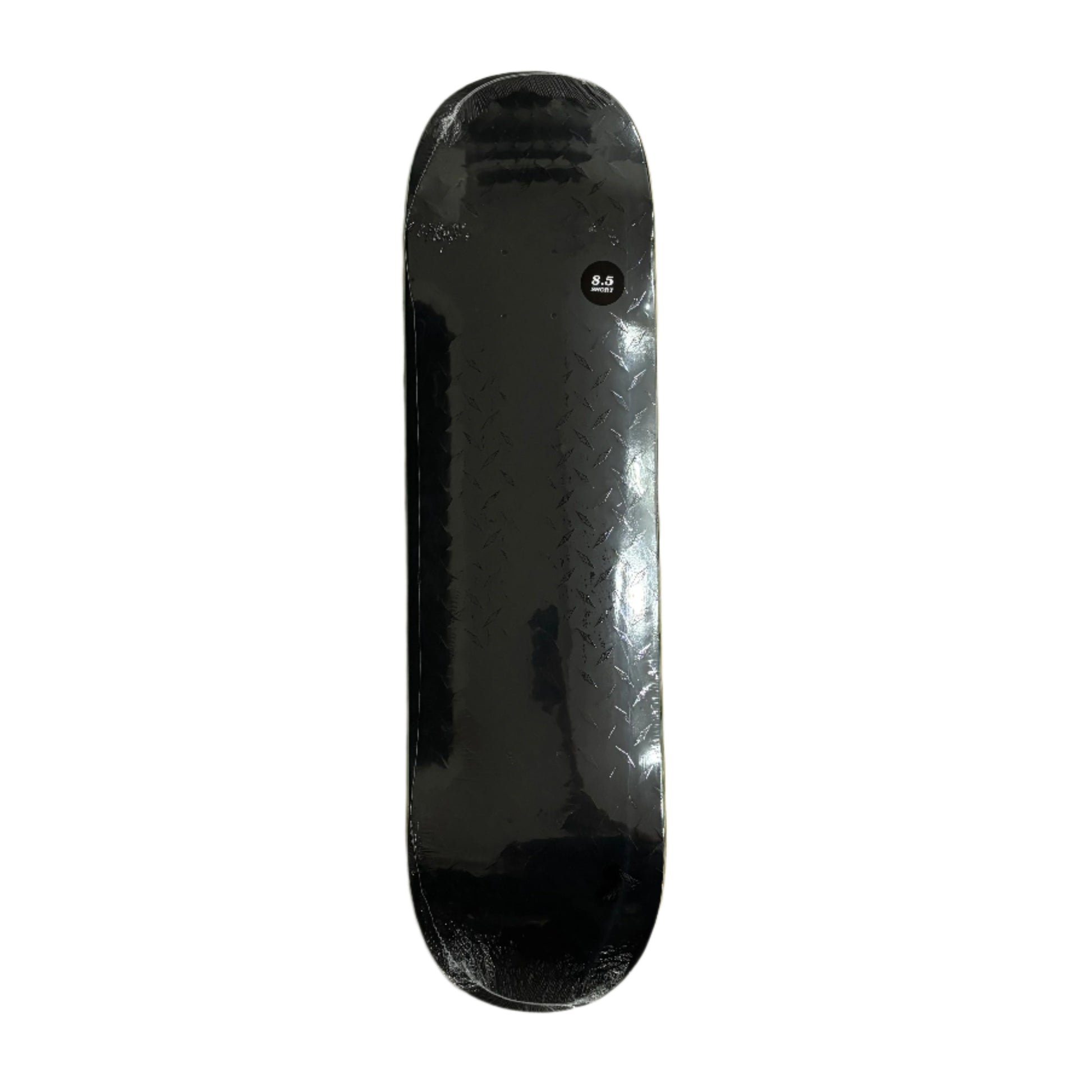 Black diamond plate pattern skateboard deck on a white surface