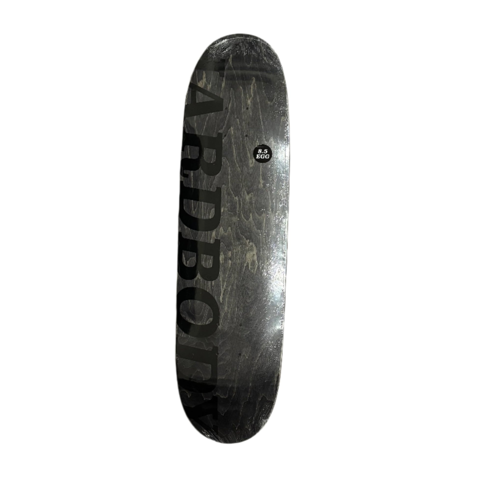 Skateboard deck with 'ARDBO' branding on a gray surface