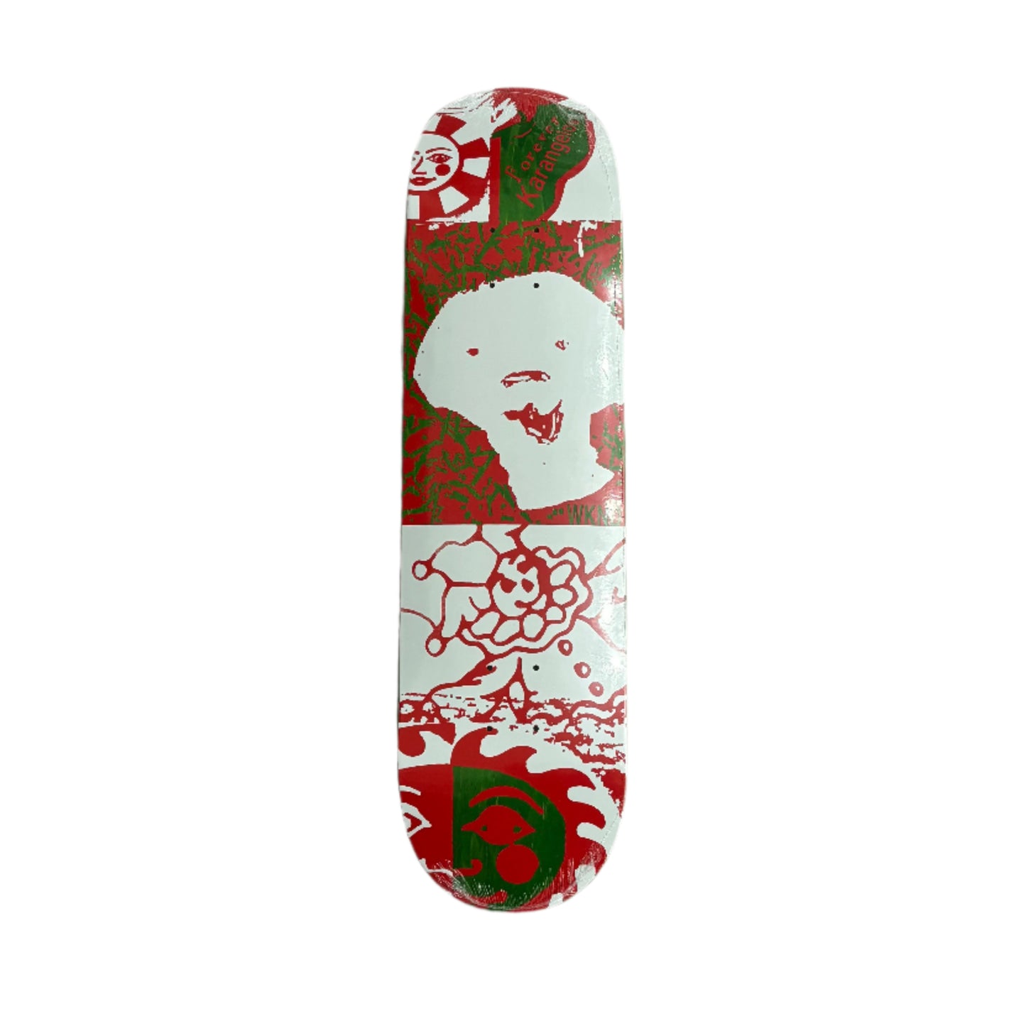 Skateboard deck with red and white design on a white surface