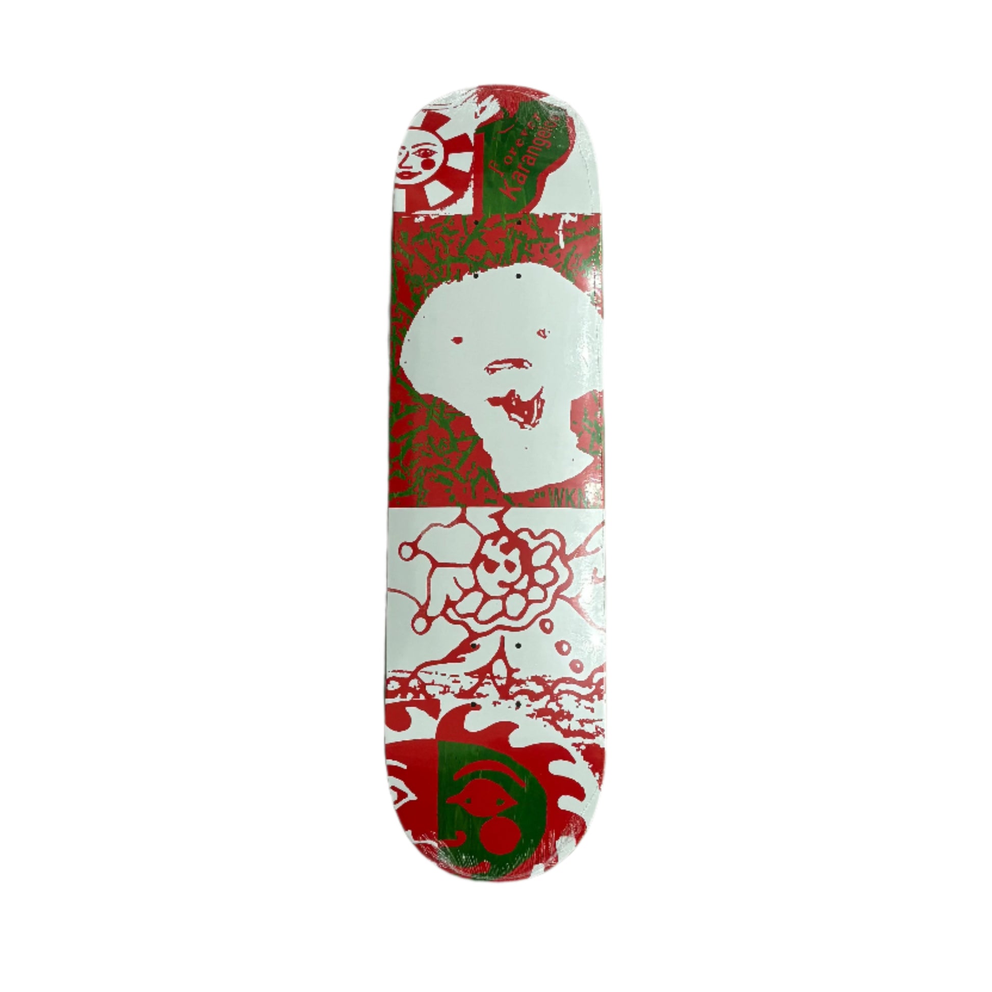 Skateboard deck with red and white design on a white surface