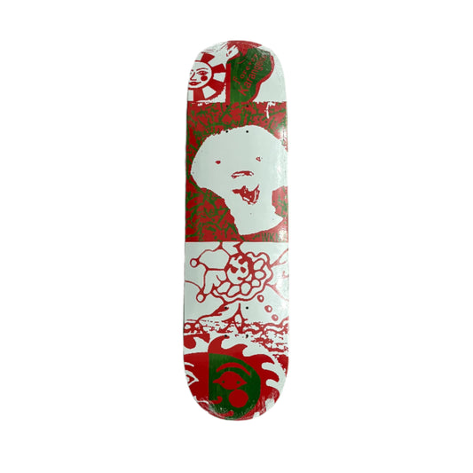 Skateboard deck with red and white design on a white surface