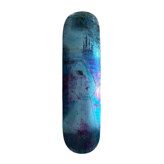 Skateboard deck with abstract design on a white surface