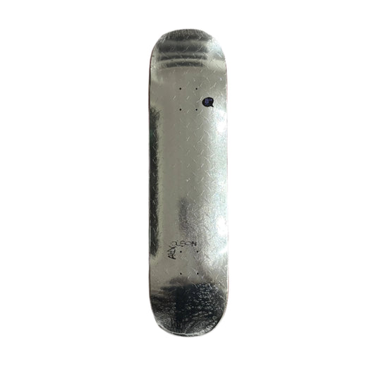 Chrome diamond plate pattern skateboad deck with ALEX OLSON printed around the truck holes