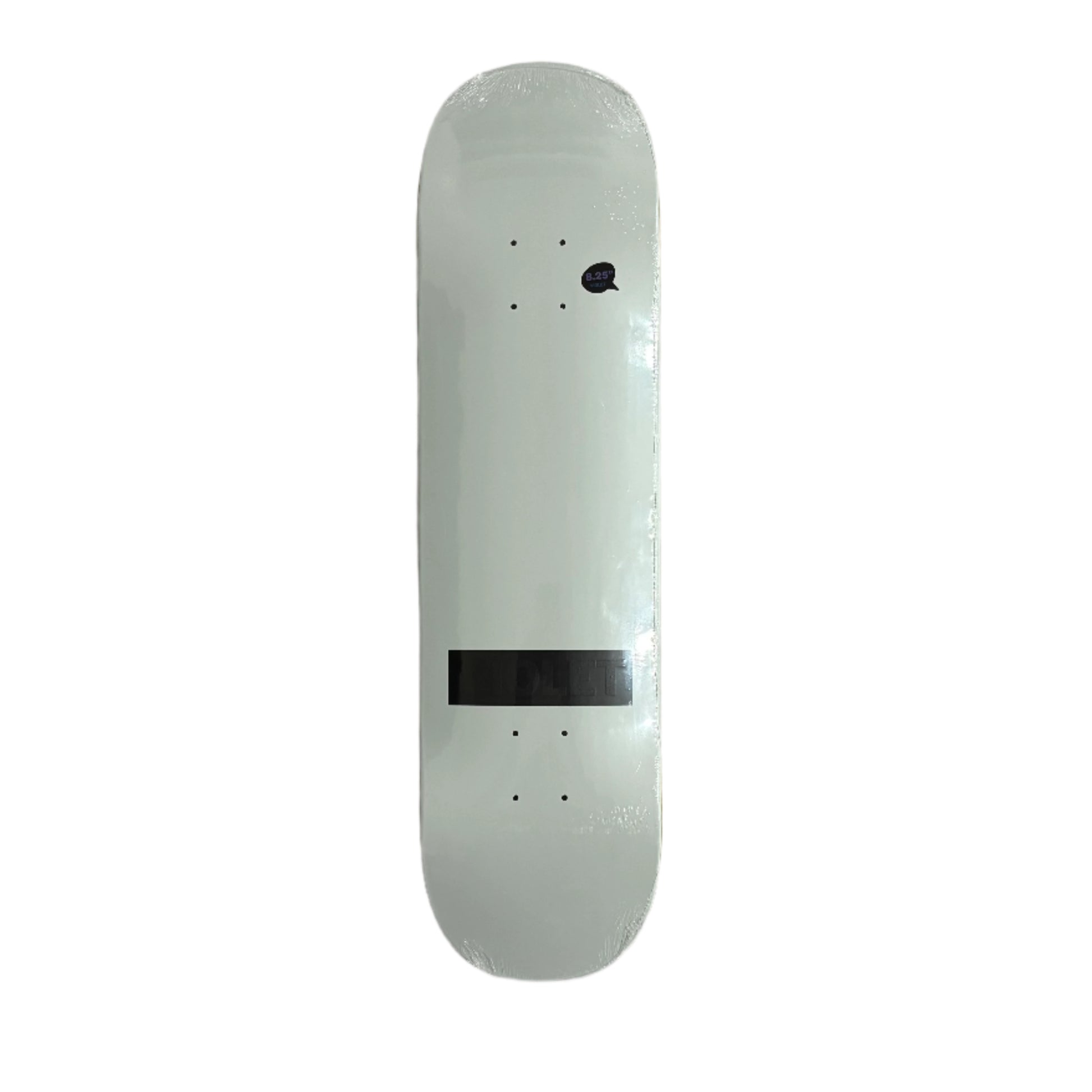 Skateboard deck with a black VIOLET logo 