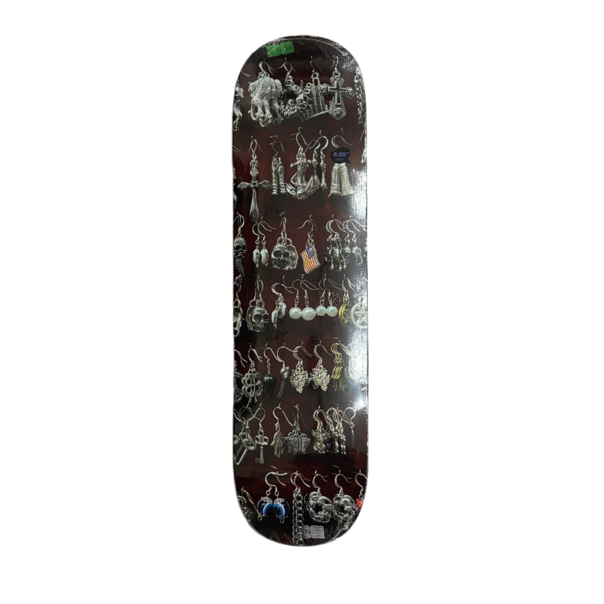 Skateboard deck with assorted earrings display on a white background