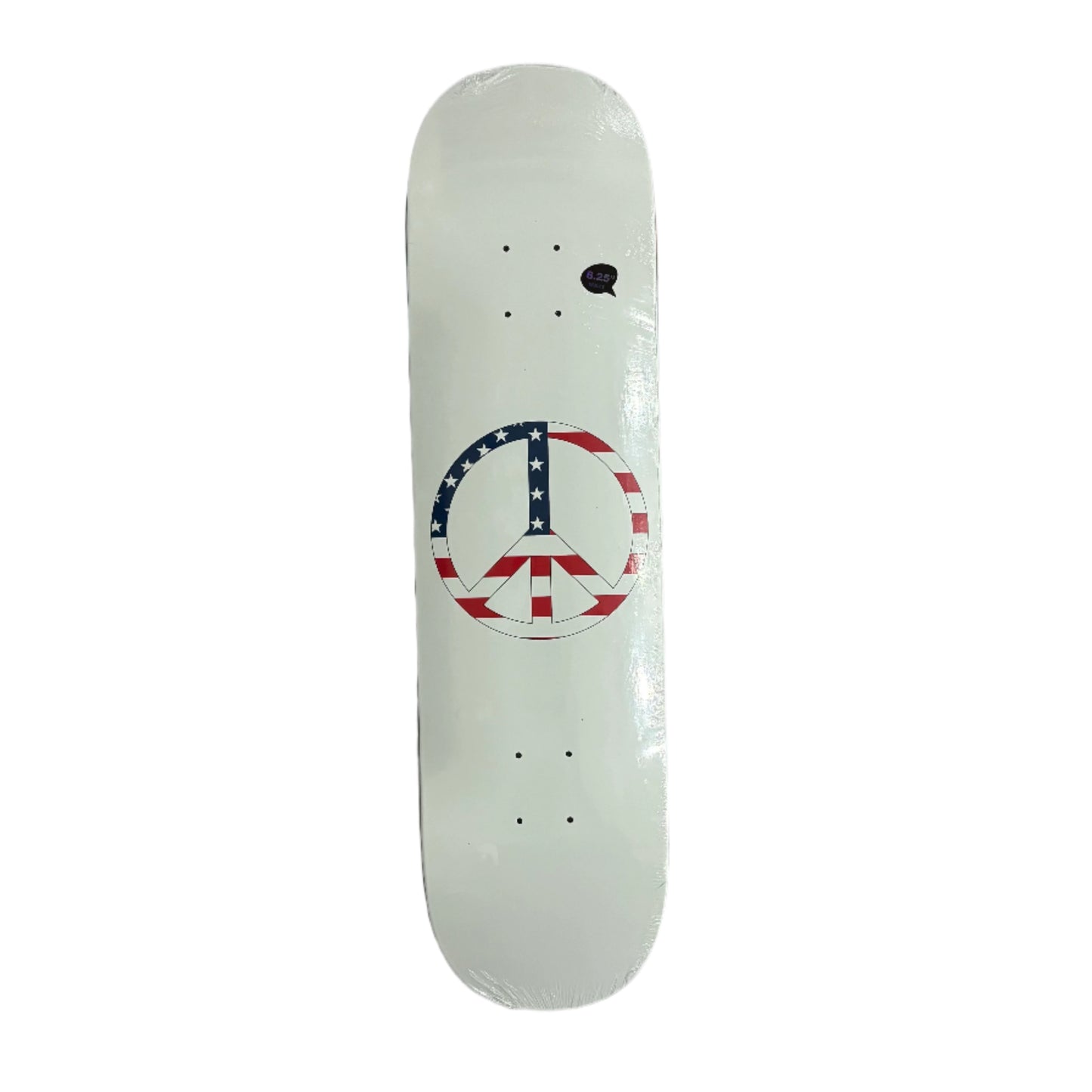 white Skateboard deck with an american flag peace symbol design on a white background