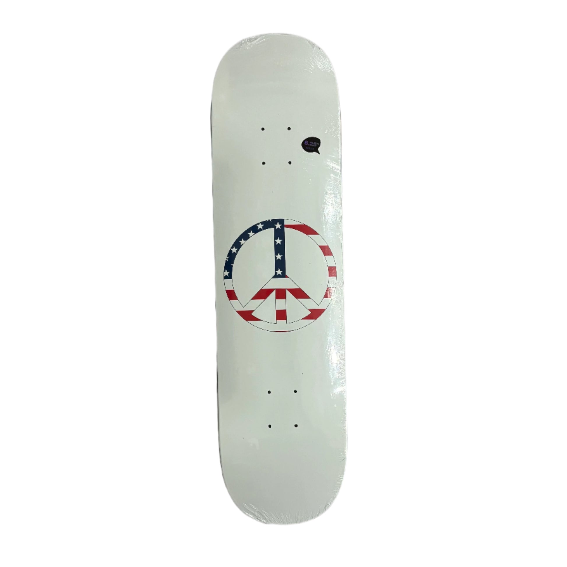 white Skateboard deck with an american flag peace symbol design on a white background