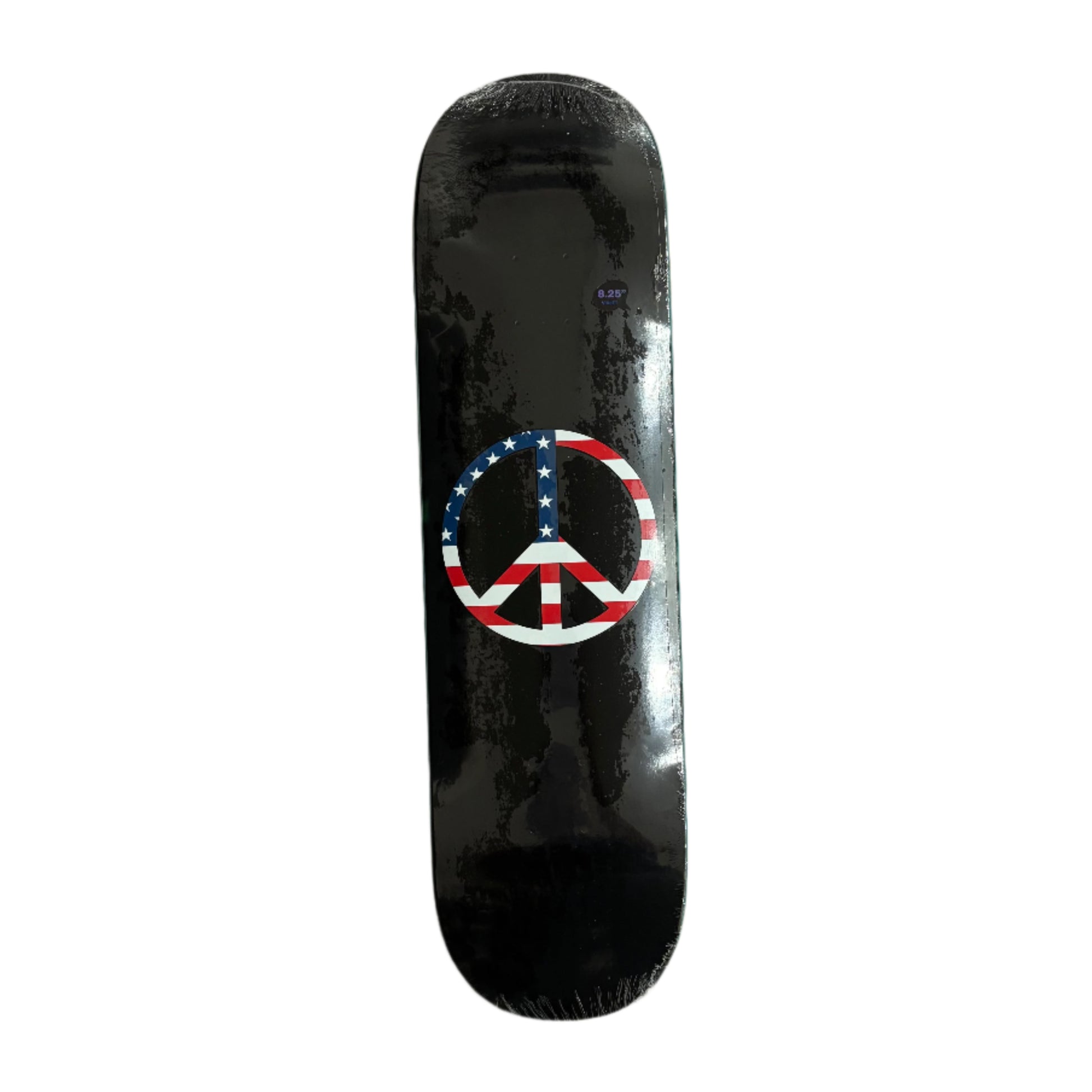 Black skateboard deck with american flag peace symbol design on a white background