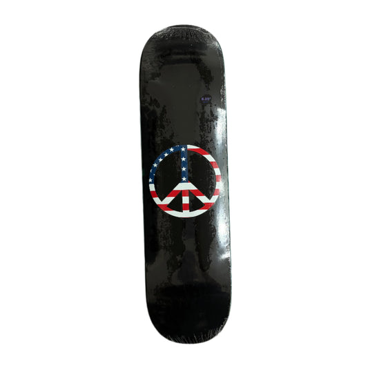 Black skateboard deck with american flag peace symbol design on a white background