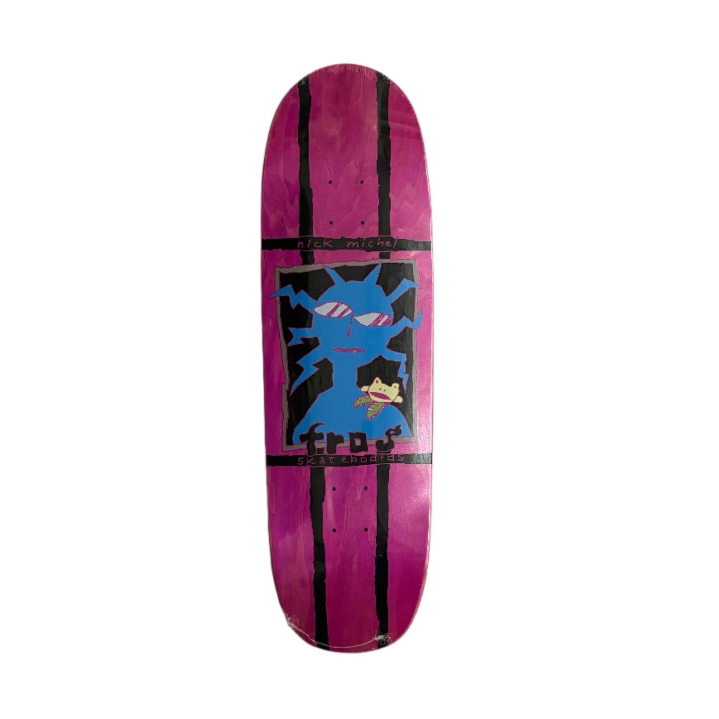 Skateboard deck with a purple and black design on a White background