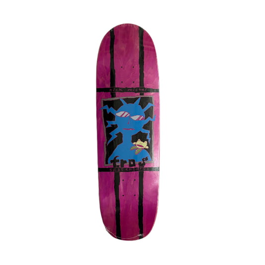 Skateboard deck with a purple and black design on a White background