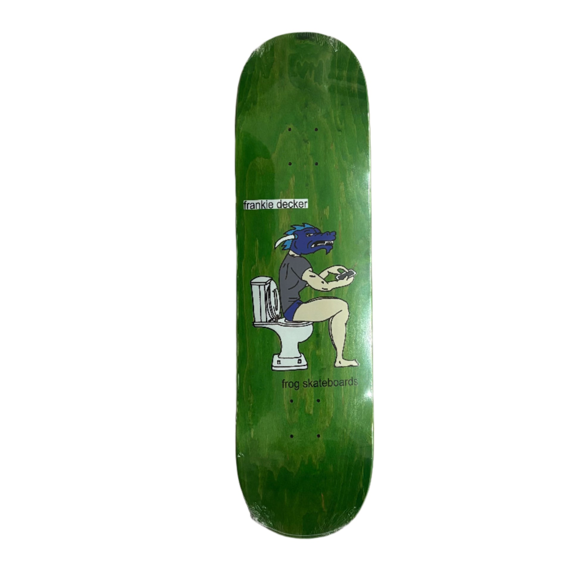 Green skateboard deck with graphic design on a white background