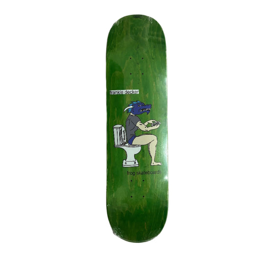 Green skateboard deck with graphic design on a white background