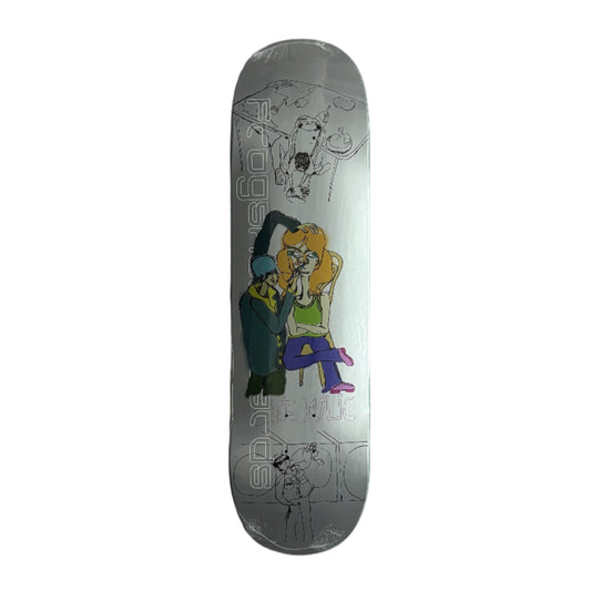 Skateboard deck with cartoon character design on a white surface