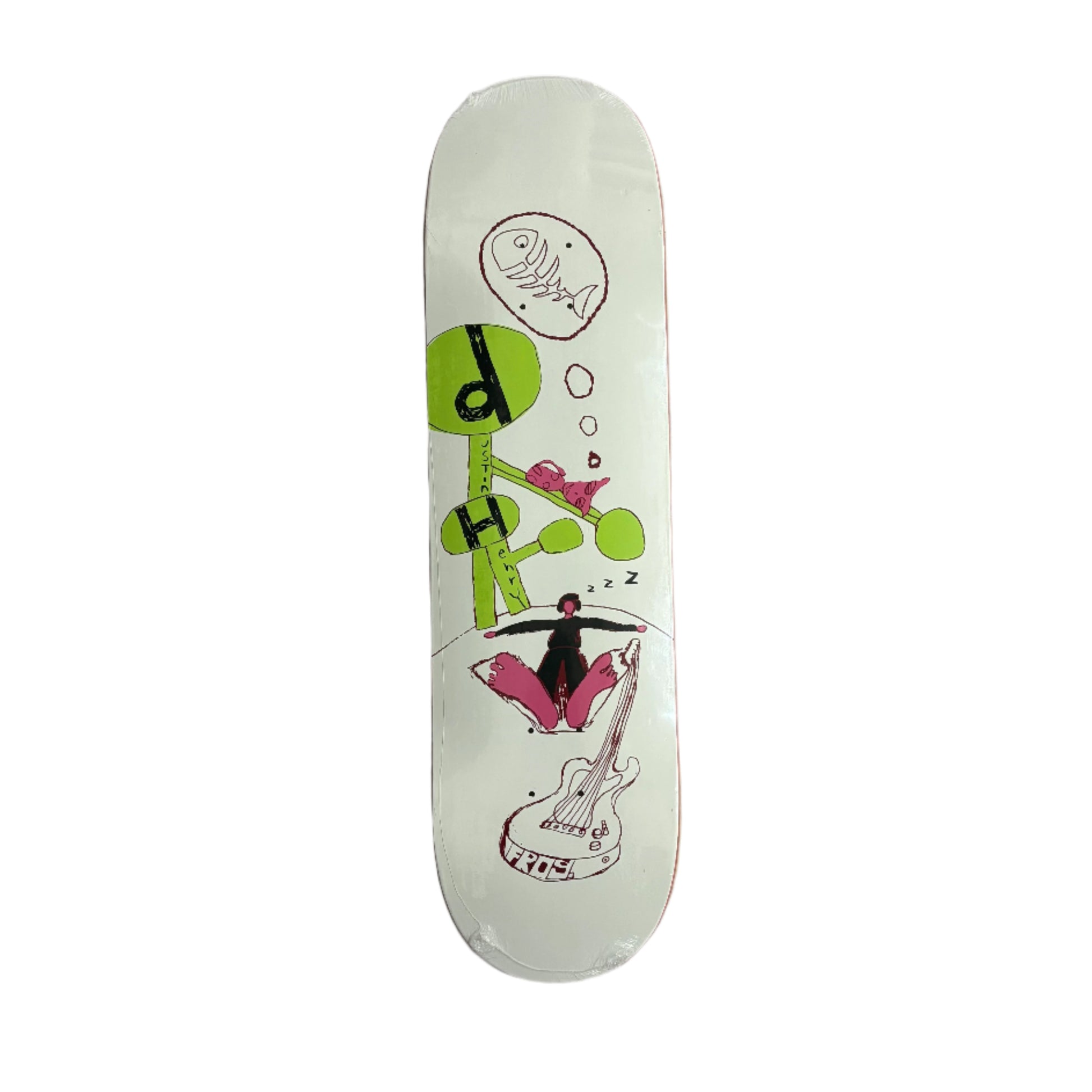 Skateboard deck with artistic design on a white background
