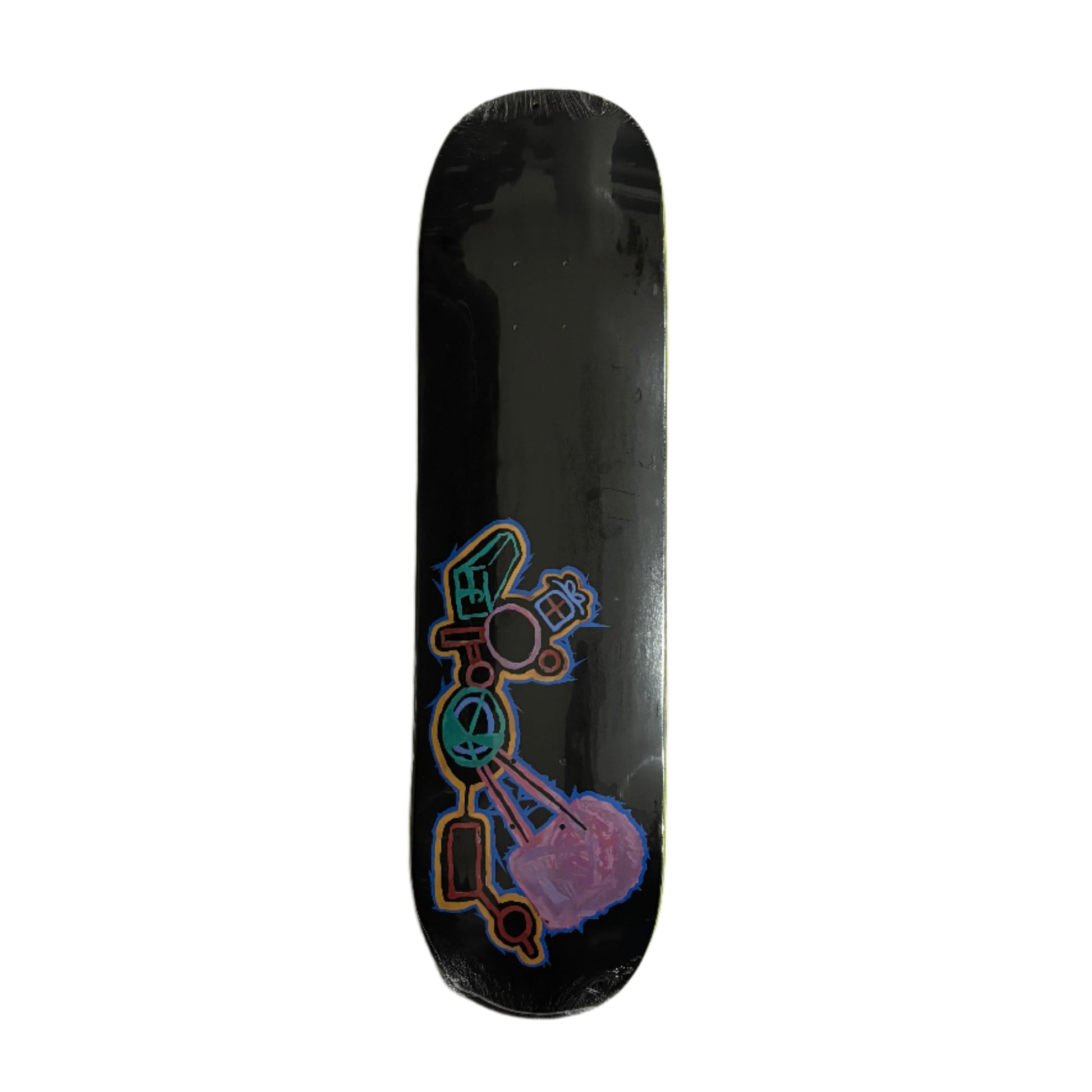 Black skateboard deck with colorful graphics on a white background