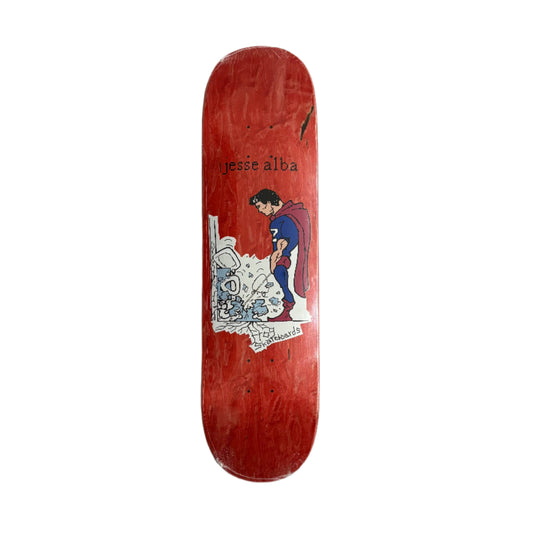 Red skateboard deck with artwork and text on a white background
