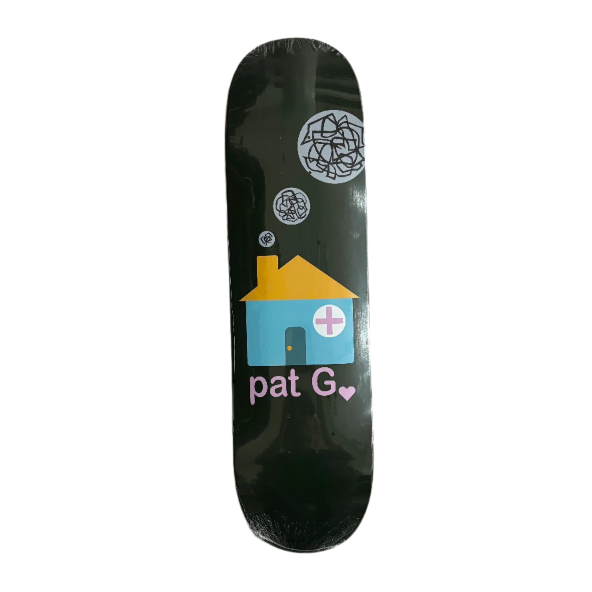 Skateboard deck with a house design and 'pat G' branding on a white background
