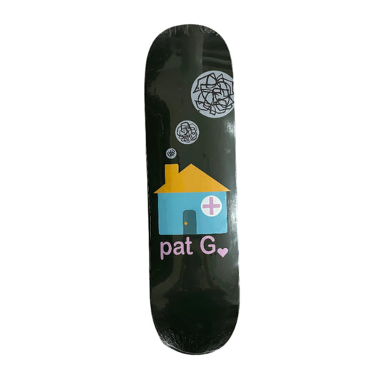 Skateboard deck with a house design and 'pat G' branding on a white background