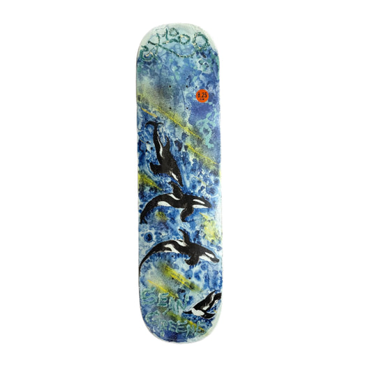 Skateboard deck with orca whale design on a white background