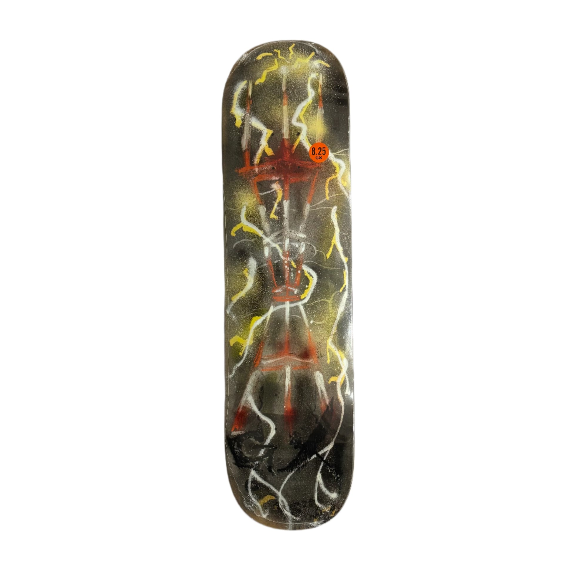 Skateboard deck with a lightning bolt design on a white background