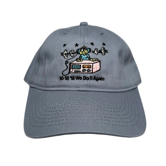 blue/Gray cap with embroidered design on a white surface