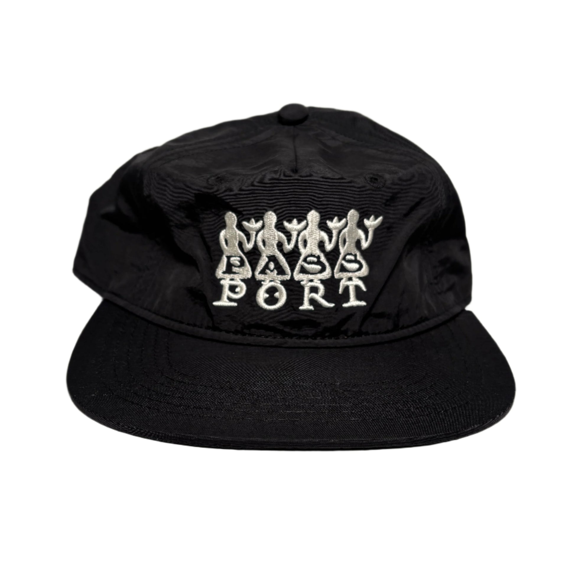 Black cap with white text on a white background