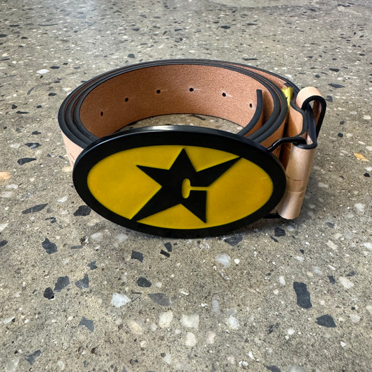 leather belt with black and yellow buckle with a C on the buckle