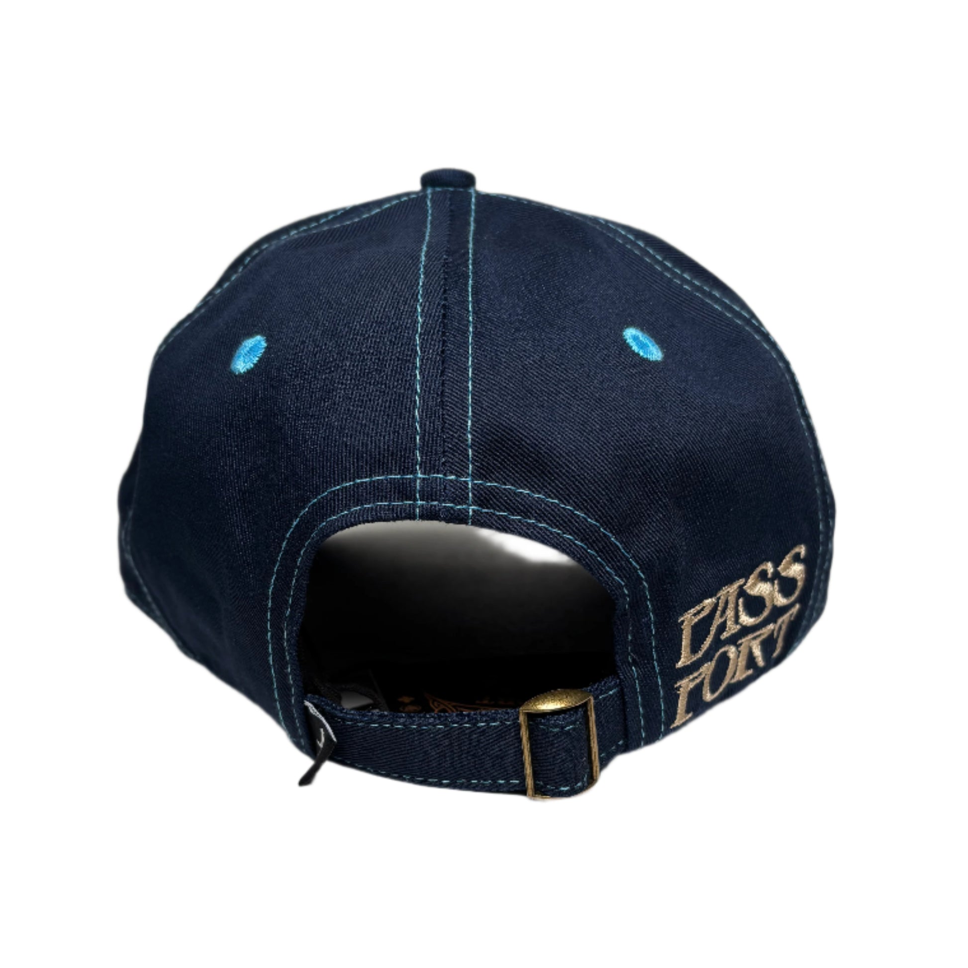 Navy blue cap with gold logo on a white surface