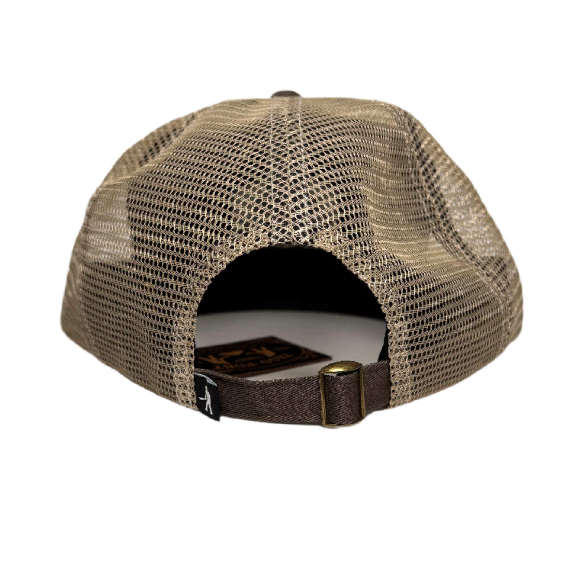 rear view of Mesh cap with a strap attached to a white surface