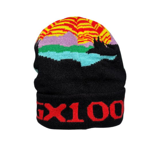 Black beanie with colorful pattern and red text on a white background