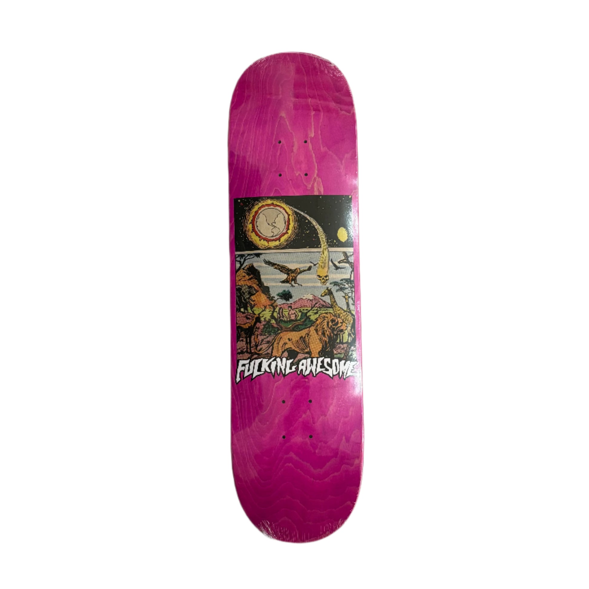 Pink skateboard deck with graphic design on a white background