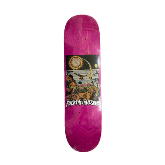 Pink skateboard deck with graphic design on a white background
