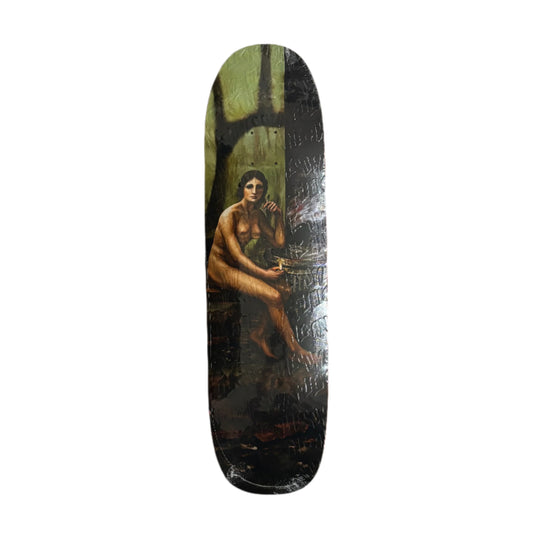 embossed Skateboard deck with artistic design on a white background