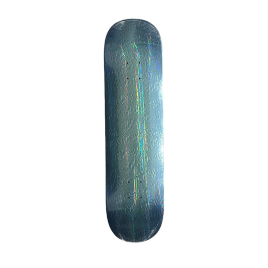 fucking awesome embossed Skateboard deck with a blue and green iridescent finish on a gray surface.