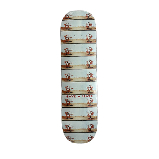 Skateboard deck with a printed design on a white background