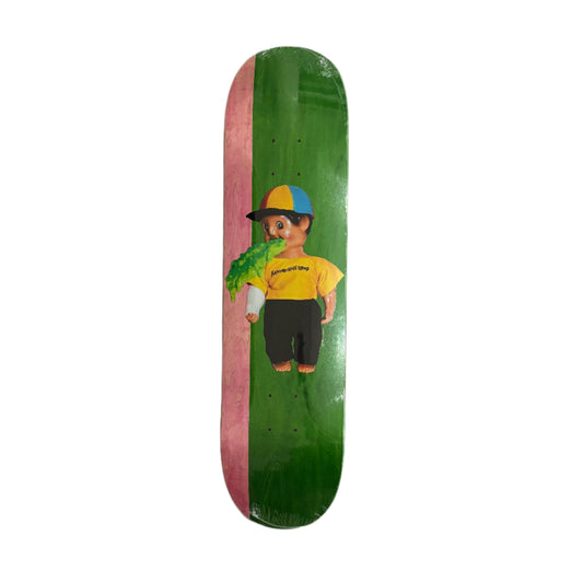 Skateboard deck with a colorful graphic of a child on a white background