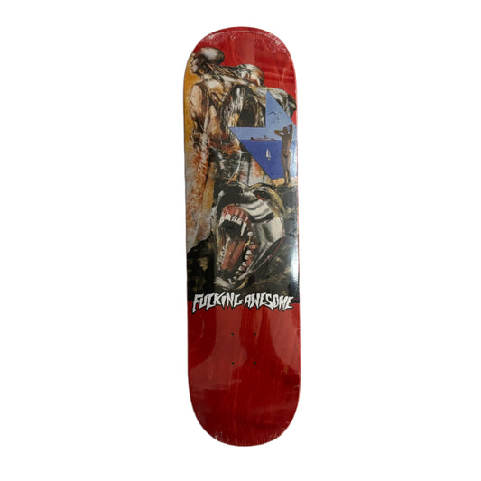 Skateboard deck with a graphic design and 'Fucking Awesome' text on a white background