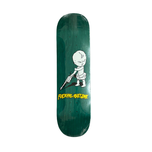 Skateboard deck with a graphic design on a white background