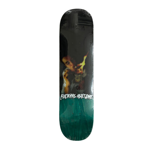 Skateboard deck with a graphic design on a white background