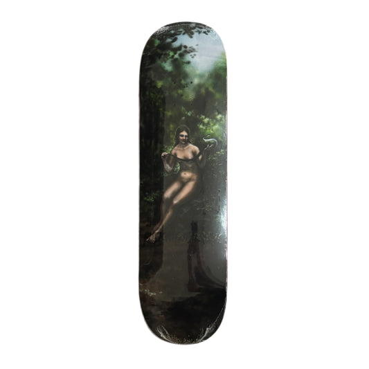 Skateboard deck with a graphic design of a person in nature on a white background