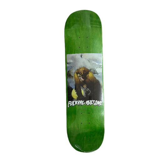 Green skateboard deck with a bear graphic and 'Fucking Awesome' text on a white background