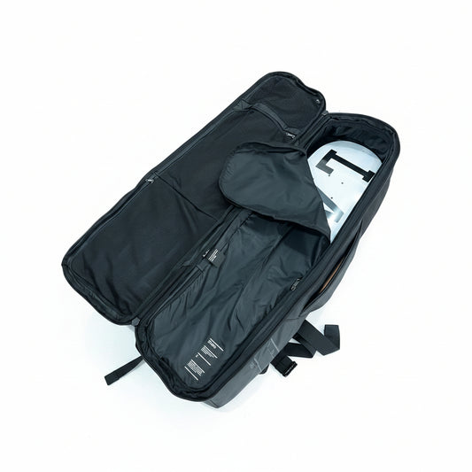 view of open skateboard deck bag, luggage DB
