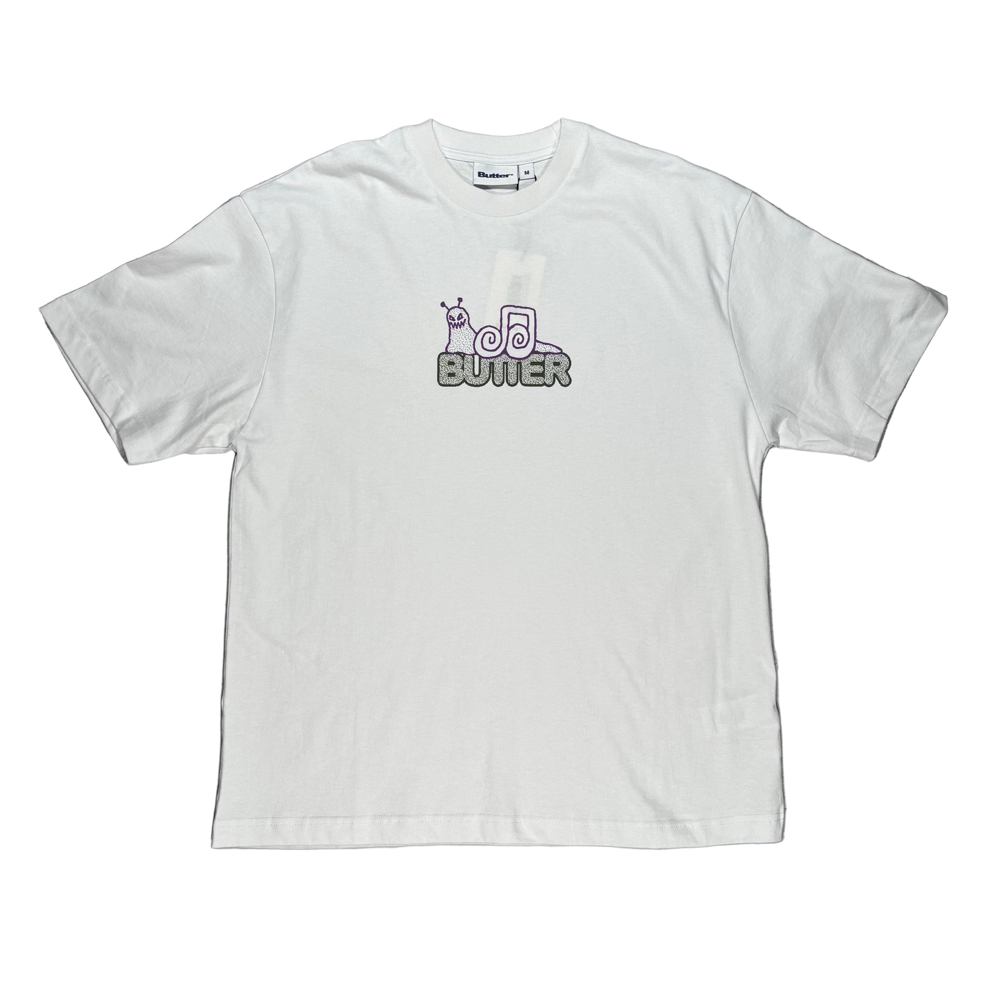 White t-shirt with a snail logo on a white surface