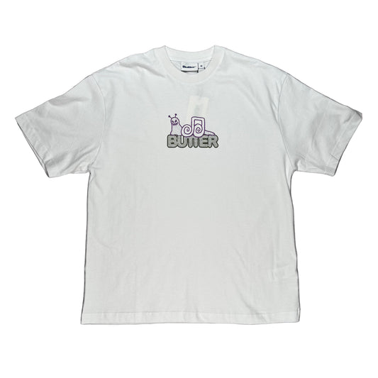 White t-shirt with a snail logo on a white surface