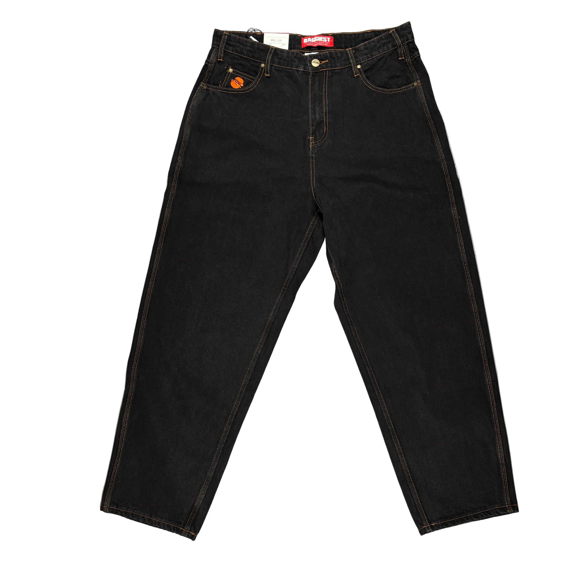 Black jeans with a brand logo on a white surface